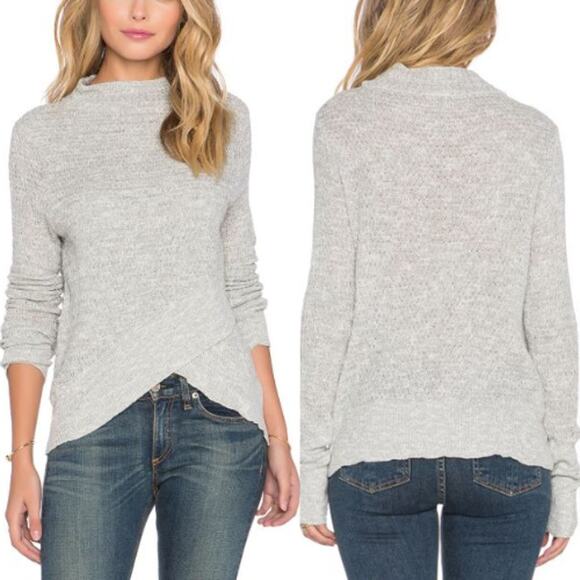Free People Boho Wrap Sweater Sz L Mock Neck Linen Blend Heathered Fall Casual - Picture 2 of 9